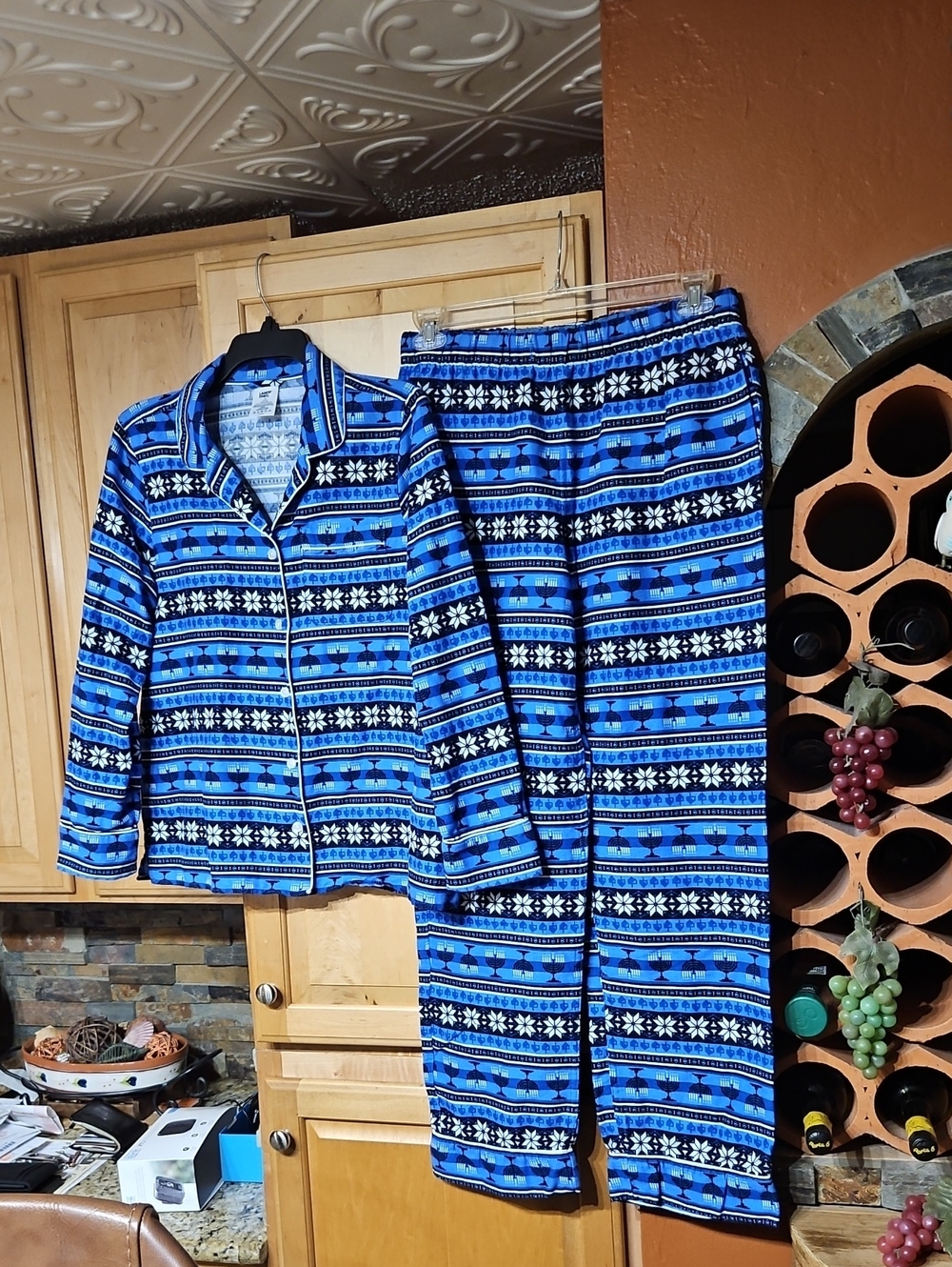 Lands' End Holiday Hanukkah Cotton Flannel Sleep Pajamas Pajama Set PJ Blue